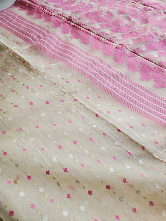 Elegant Pink & Cream Pure Cotton Dhakai Jamdani Saree Handloom Mint Condition main image 4